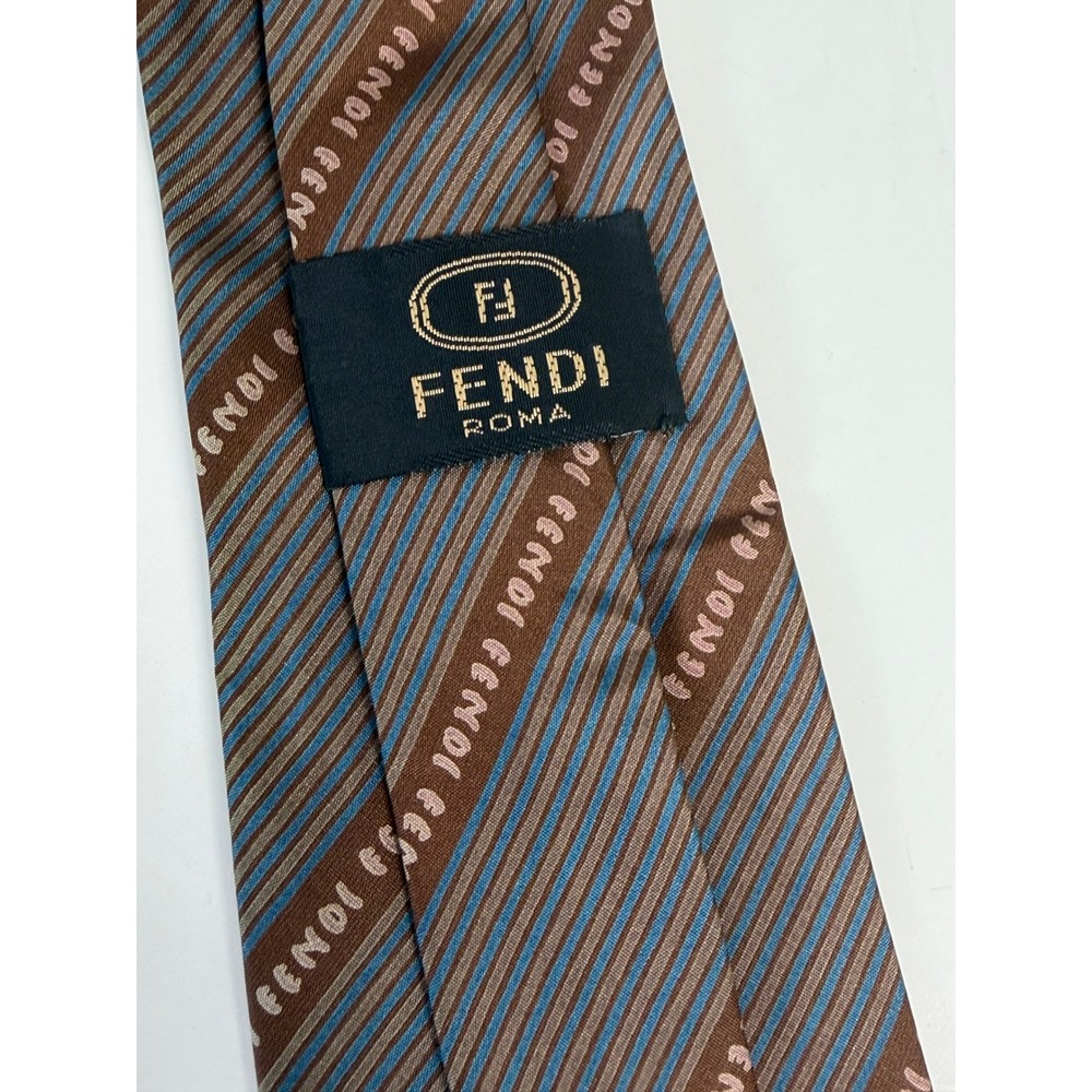 Fendi Necktie Mens OS Brown Blue Striped Logo Script Silk Italy Luxury Designer